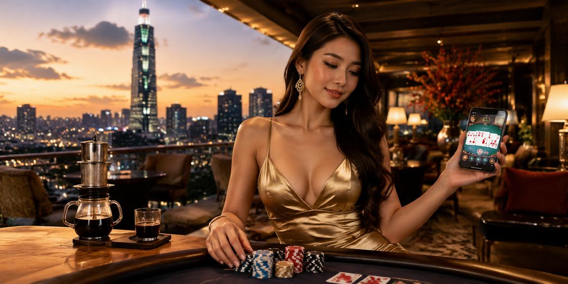 Người dùng tại TP.HCM chơi bài và trải nghiệm ứng dụng giải trí trực tuyến bên ly cà phê
